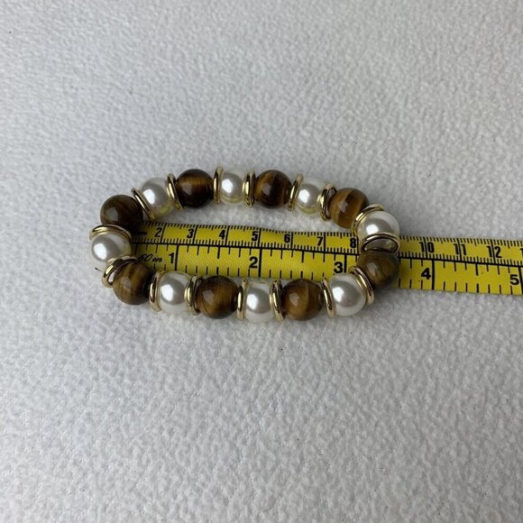 Tiger Eye Faux Pearl Stretch Bracelet Beaded Acrylic Brown - Picture 4 of 4